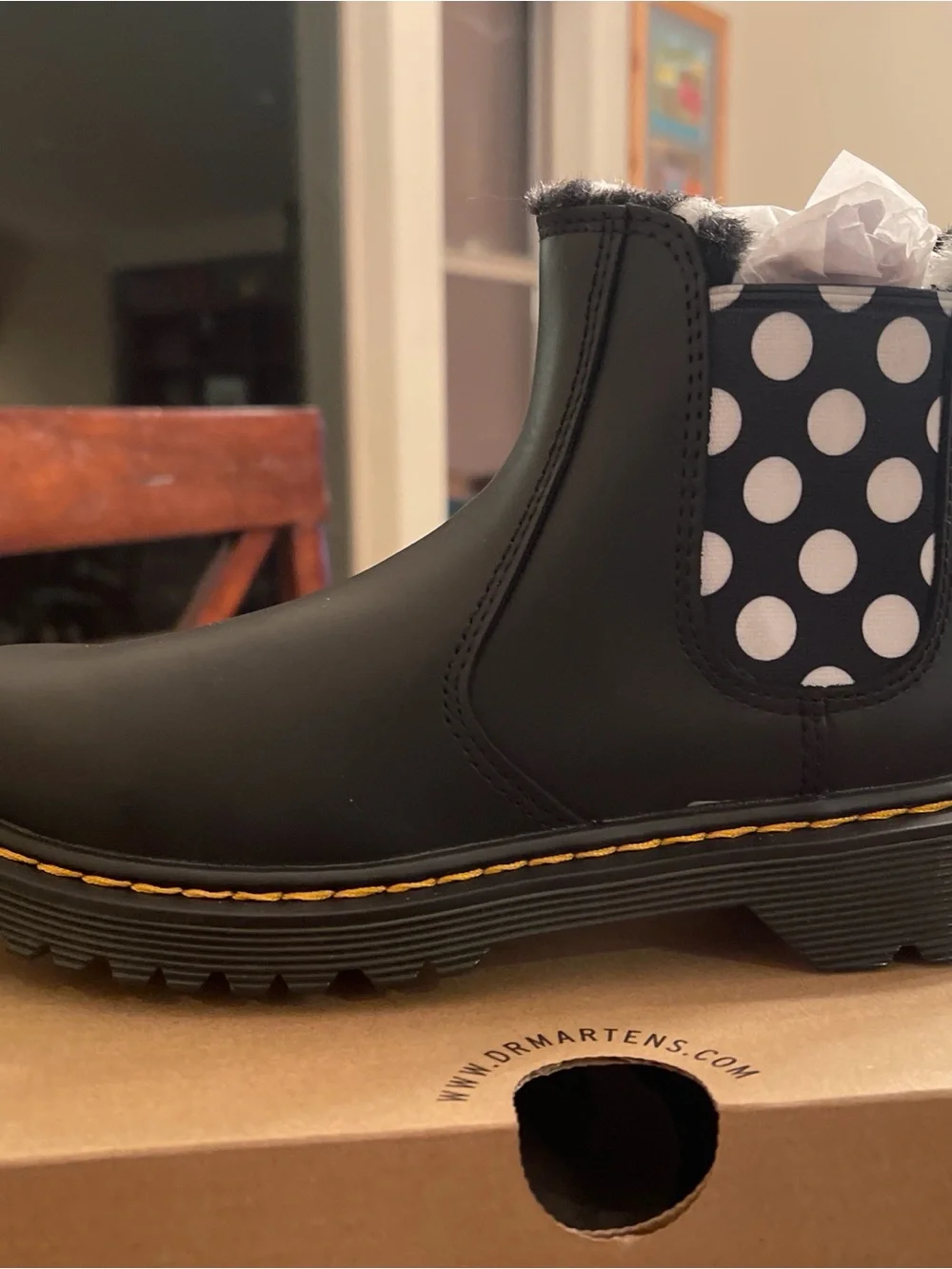 Dr. Martens Black Kids Leonore J Boots with White Polka Dots